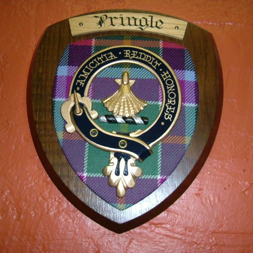 Clan Pringle Crest Badge on Galawater Tartan